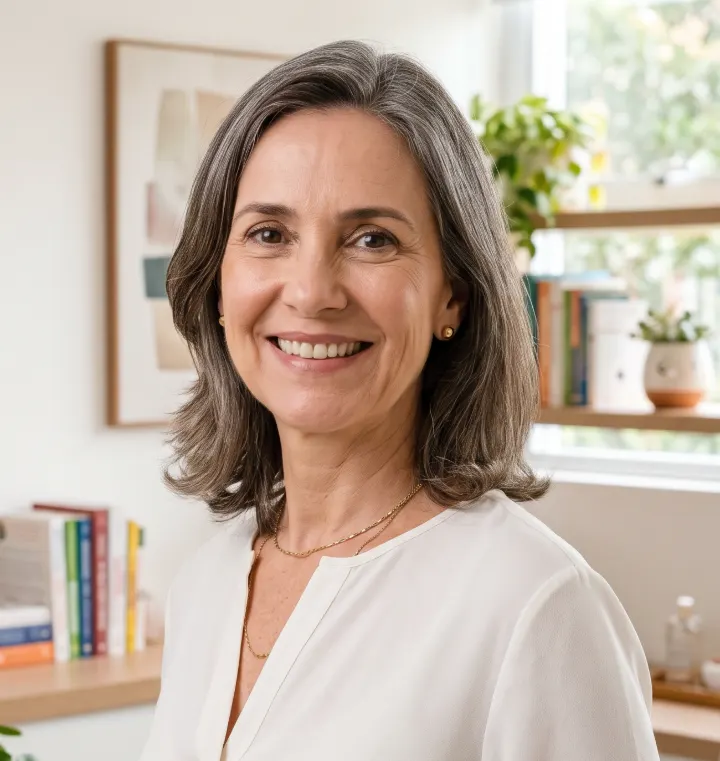 Helena Torres, sorrindo, no consultório